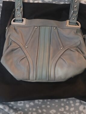 B.Makowsky Leather Tote Bag - Light Blue with Leopard Print Interior. Never Used